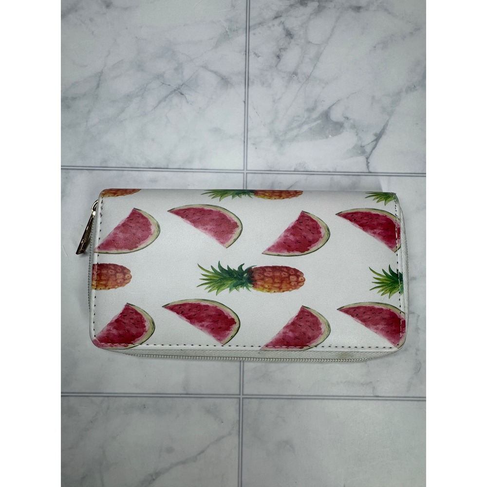 Lucky 7 USA Tropical Fruit Print Zip Around Wallet Watermelon Pineapple White